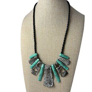 Tribal Boho Necklace Faux Turquoise Bars Silver Tone Etched Bib Statement